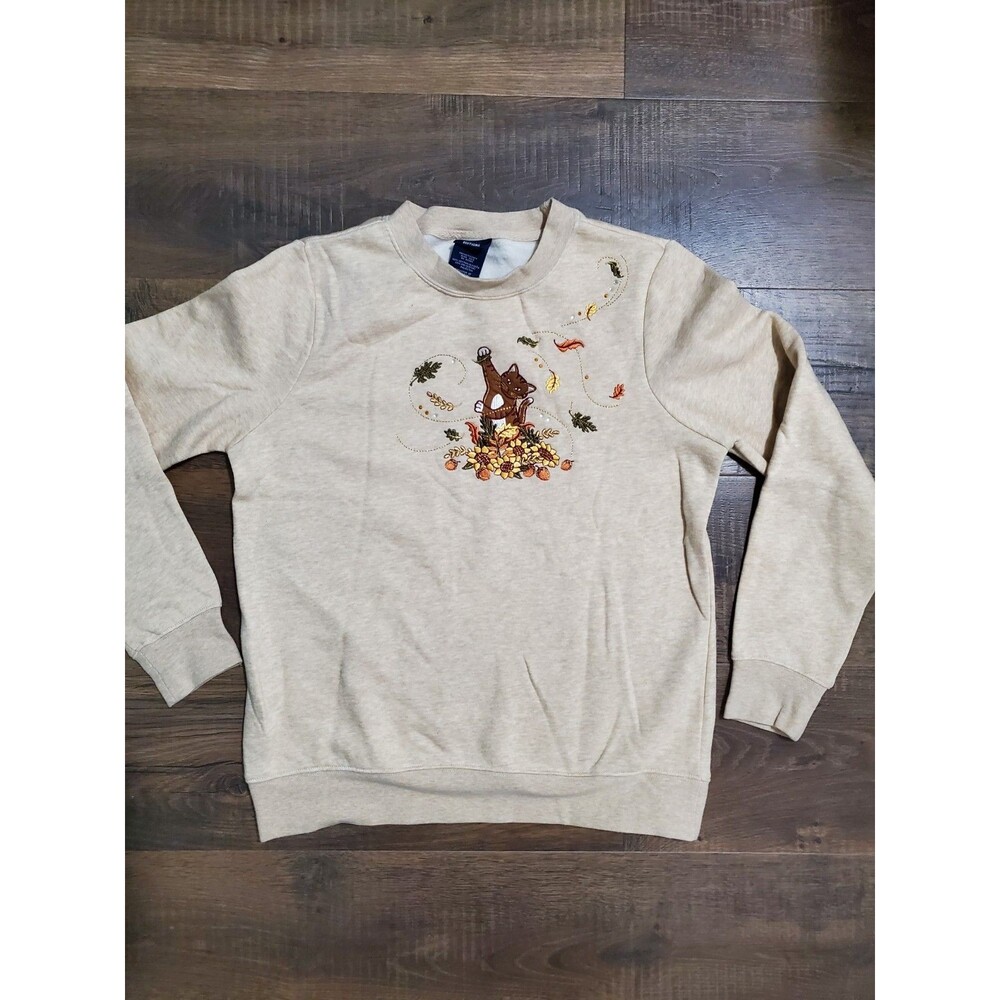 Basic Editions Women's Sweatshirt Tan Size S Cat Leaves Fall Embroidered Cottage